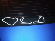 Track decals so far.  Left to right:
VIR Patriot Course, Summit Point&#39;s Jefferson Circuit, Summit Point Circuit